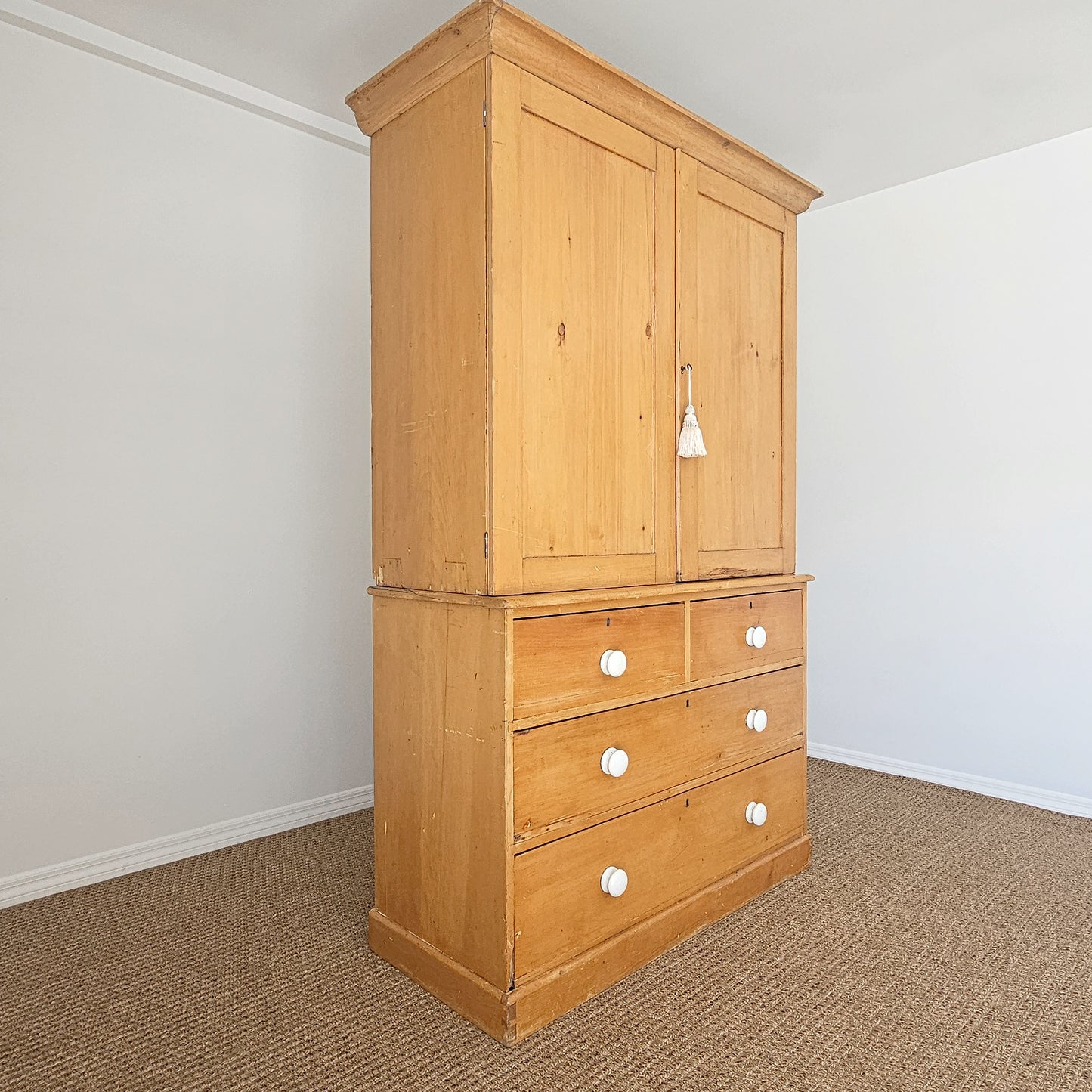 Antique English Pine Linen Press / Wardrobe - Circa 1890