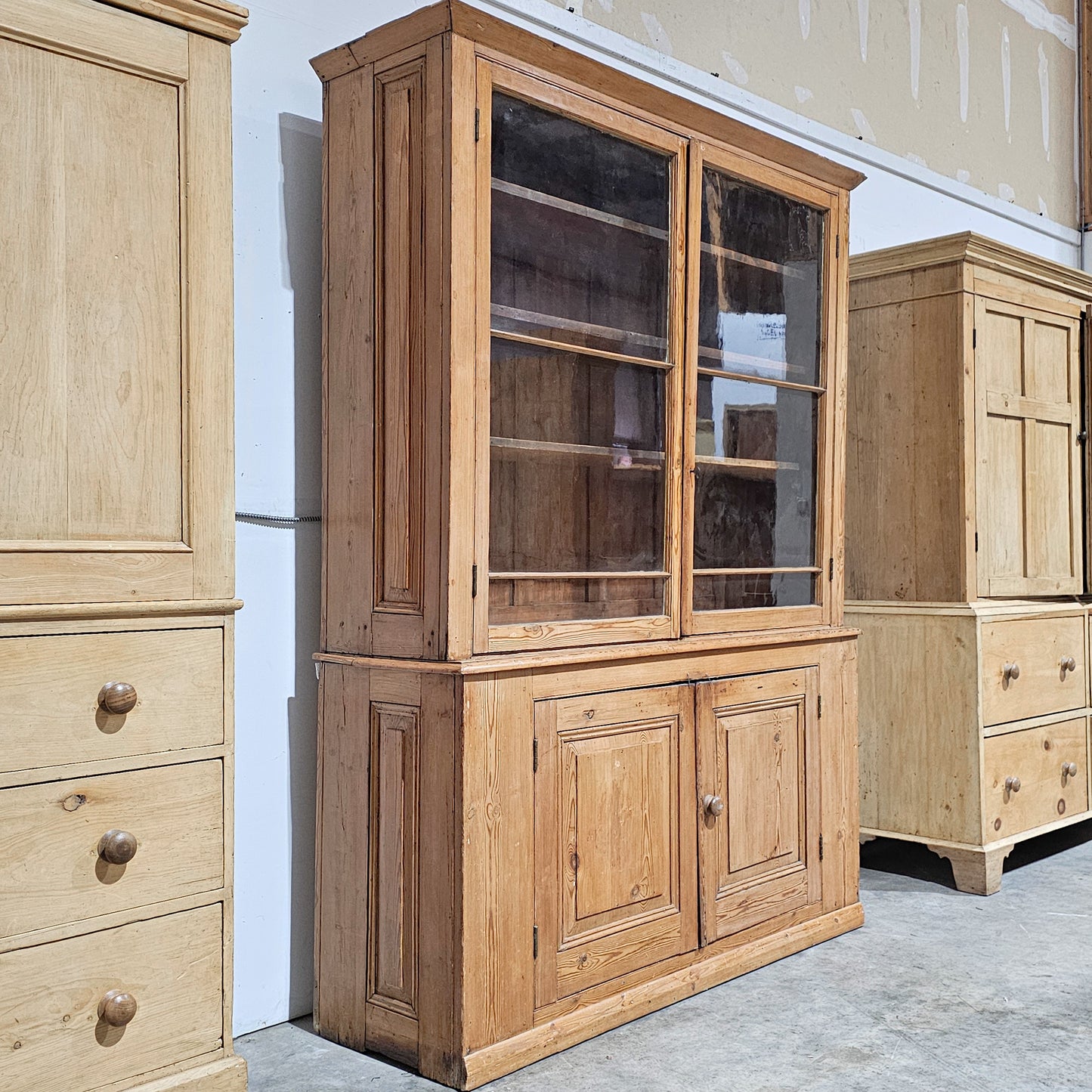 Grand Antique English Pine Cabinet with Glass Doors - Circa 1890