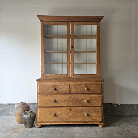Large Antique English Pine Hutch With Glass Doors