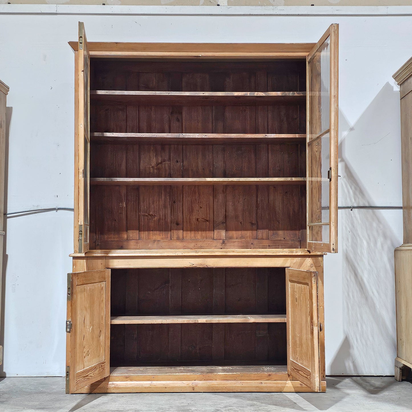 Grand Antique English Pine Cabinet with Glass Doors - Circa 1890