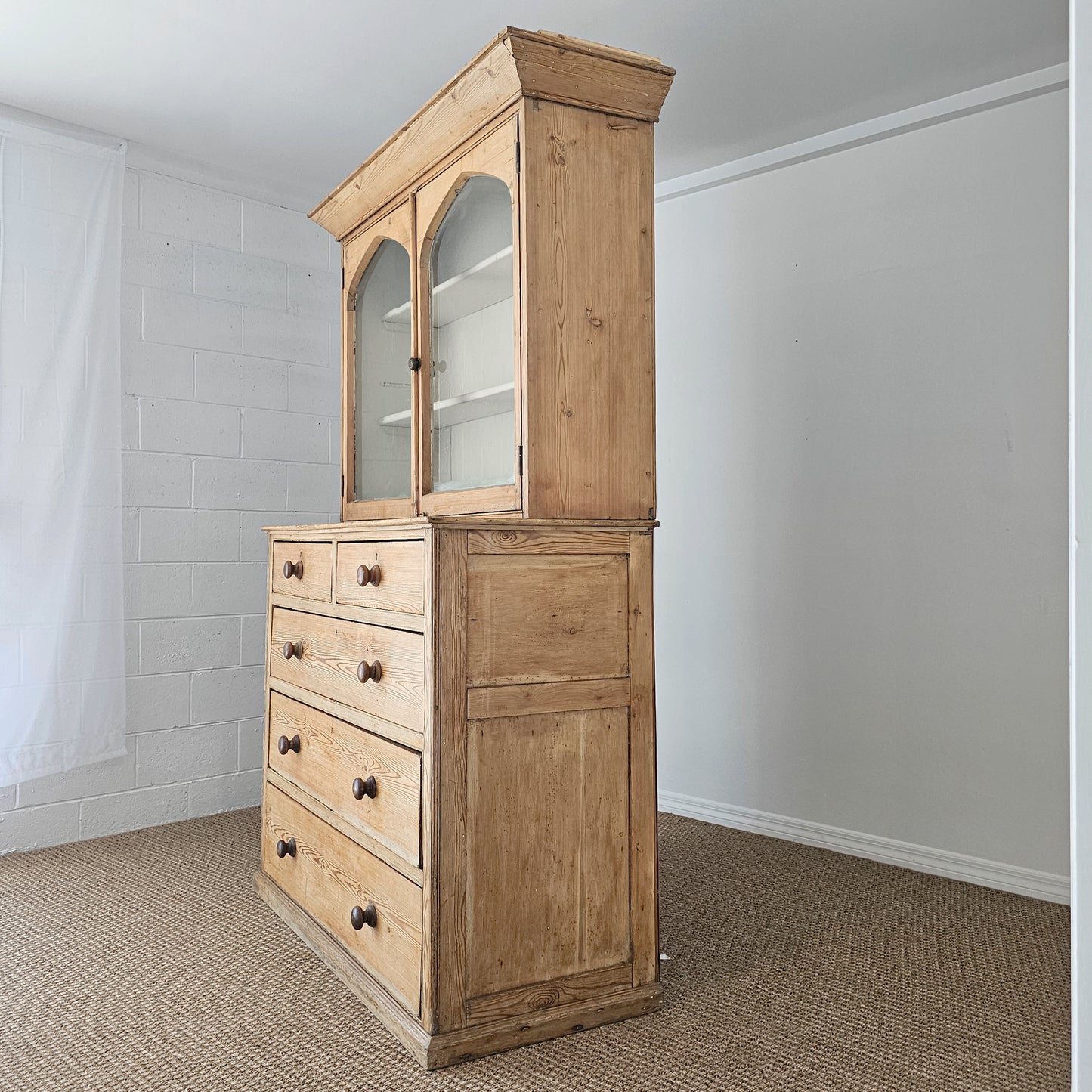 Antique English Pine Glazed Dresser Display Cabinet - Circa 1880
