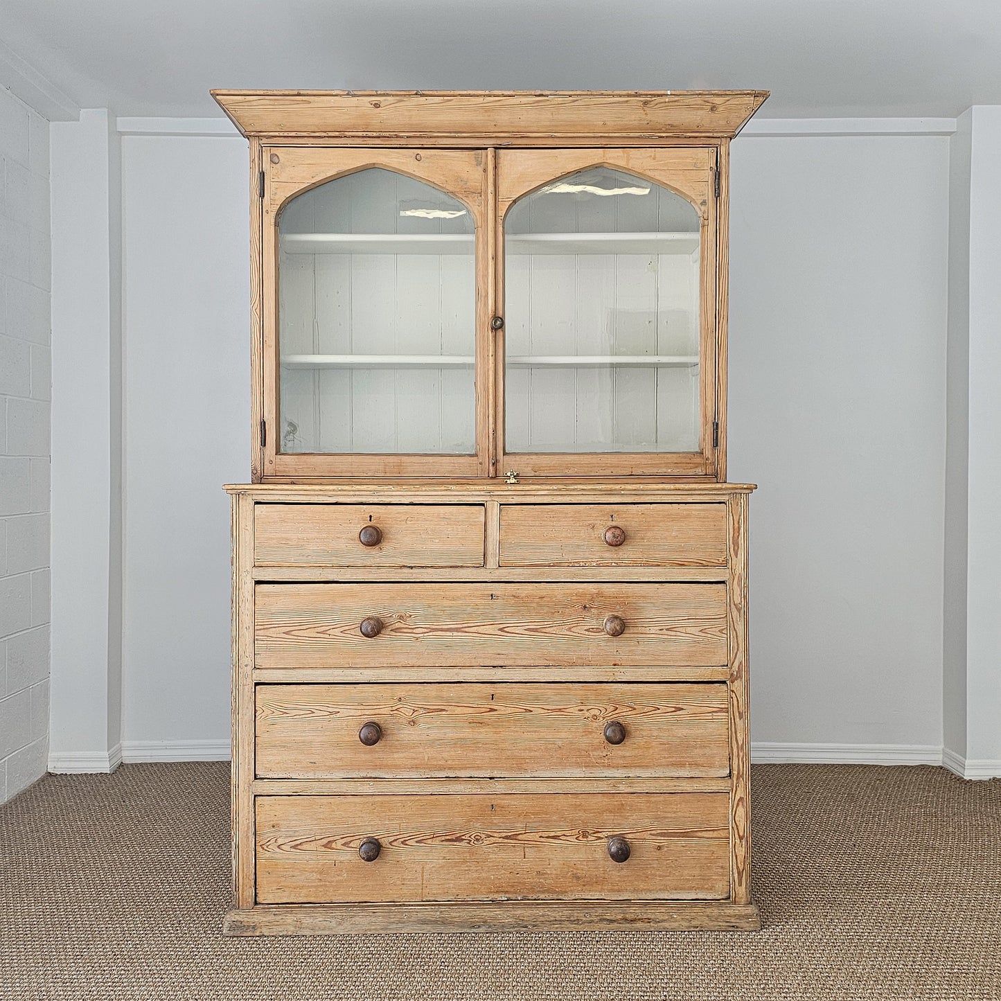 Antique English Pine Glazed Dresser Display Cabinet - Circa 1880