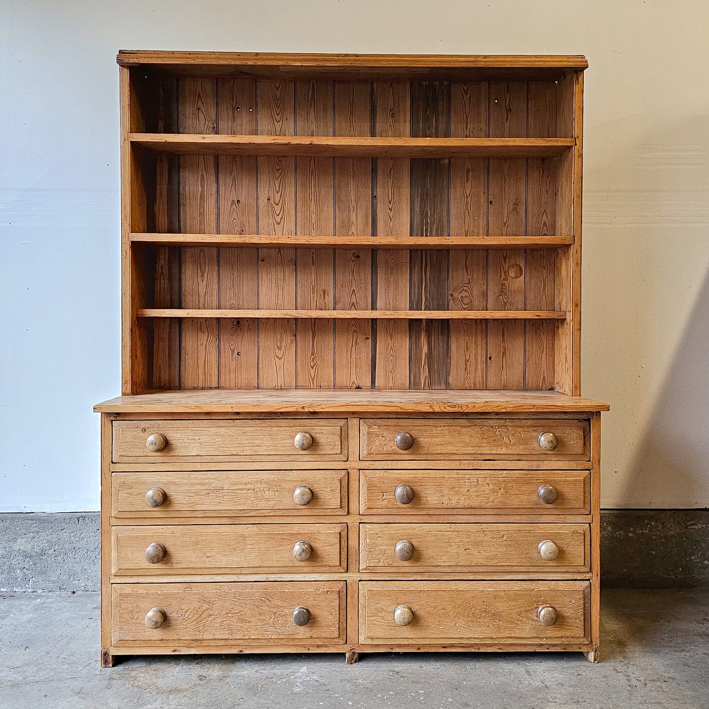 Antique English Kitchen Pine Hutch with 8 drawers base - 1890