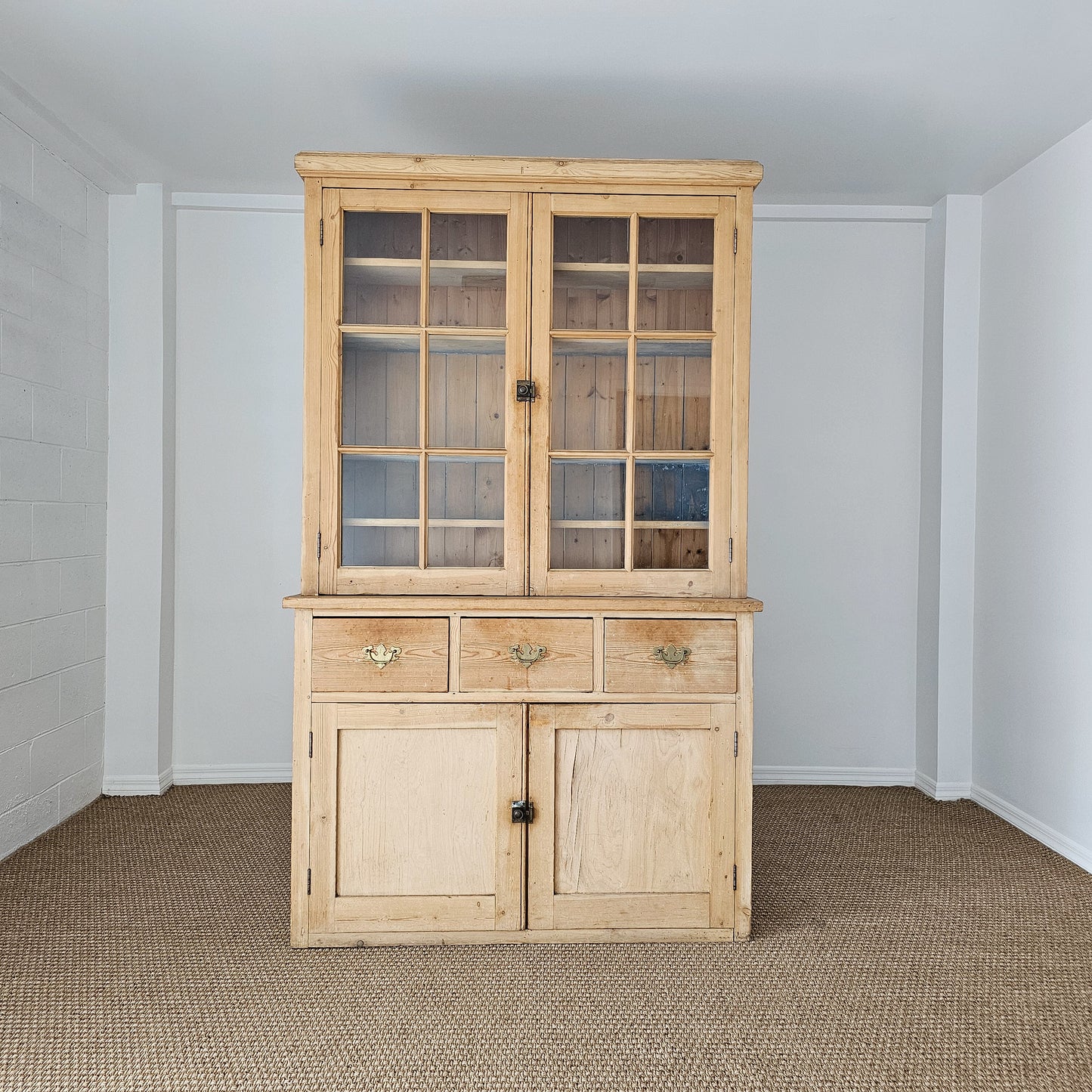 Antique English Pine Glass Door Hutch Cabinet | Circa 1880