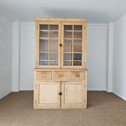 Antique English Pine Glass Door Hutch Cabinet | Circa 1880