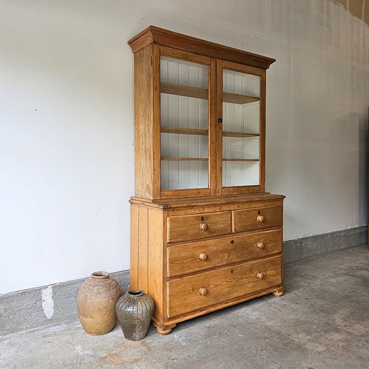 Large Antique English Pine Hutch With Glass Doors
