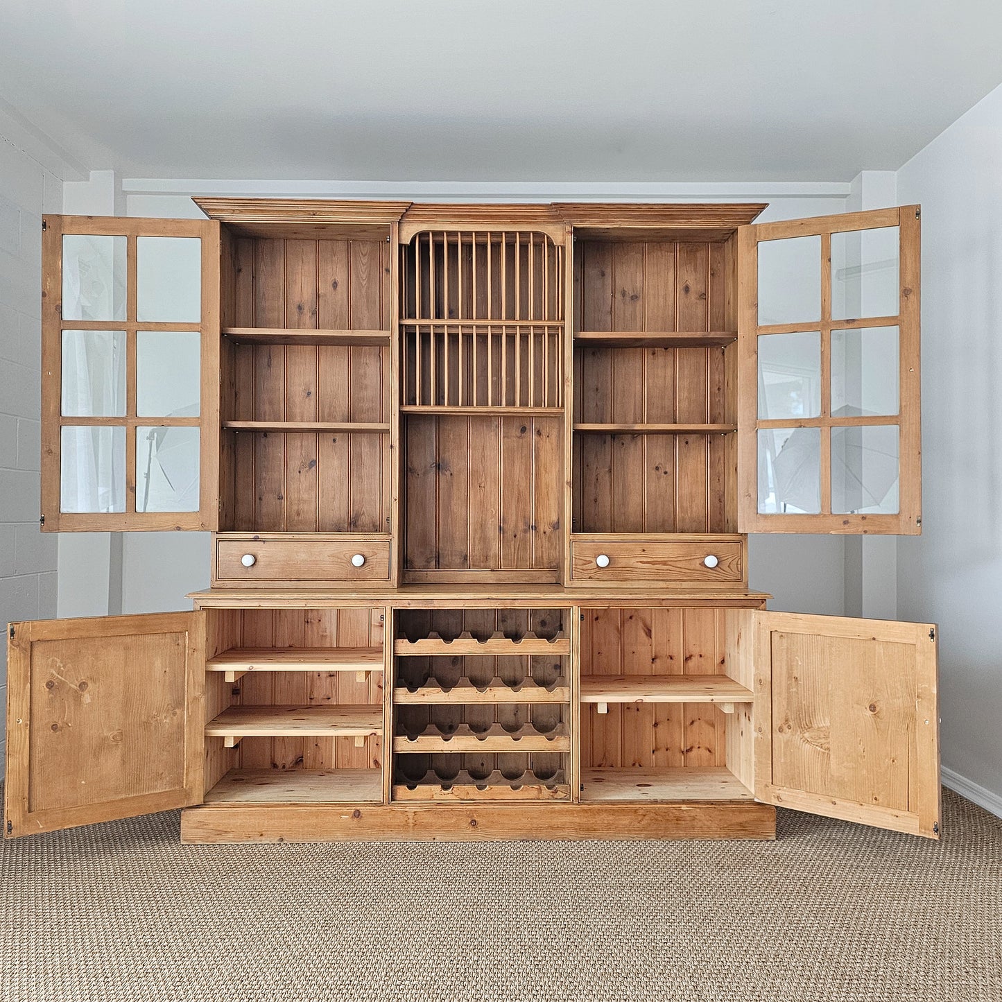 Vintage English Pine Kitchen Hutch with Plate Rack & Wine Storage