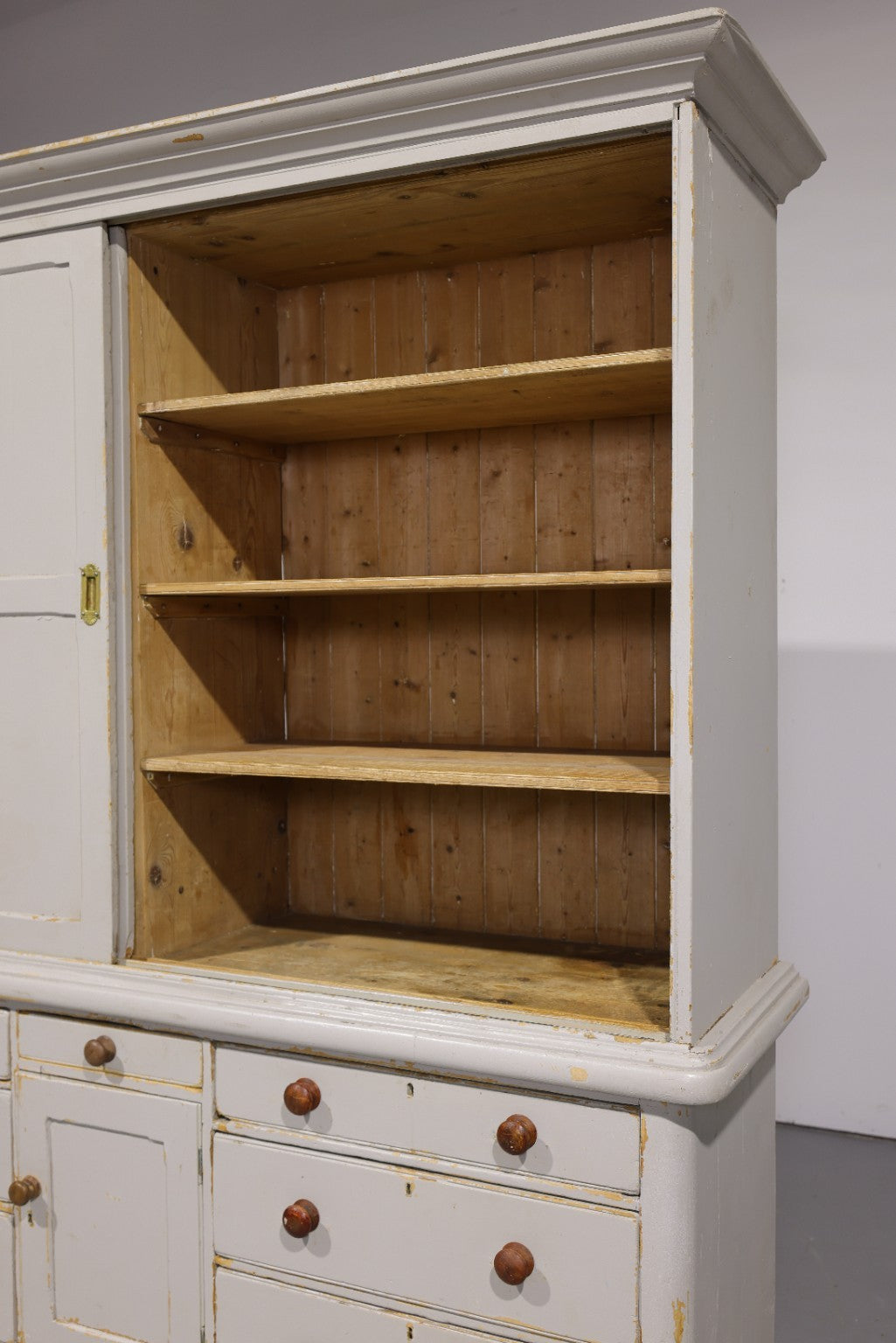 Massive Antique English Painted Pine Housekeeper’s Cupboard Sliding Doors Circa 1880