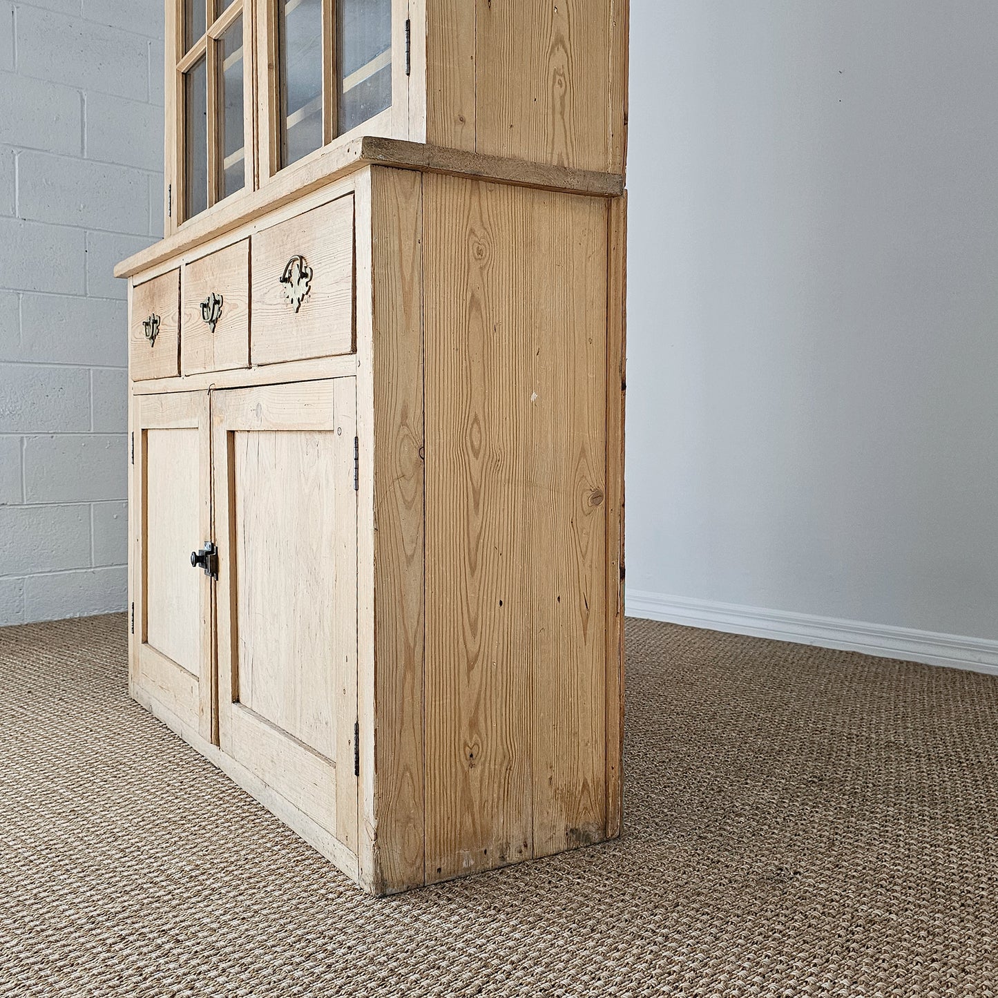Antique English Pine Glass Door Hutch Cabinet | Circa 1880