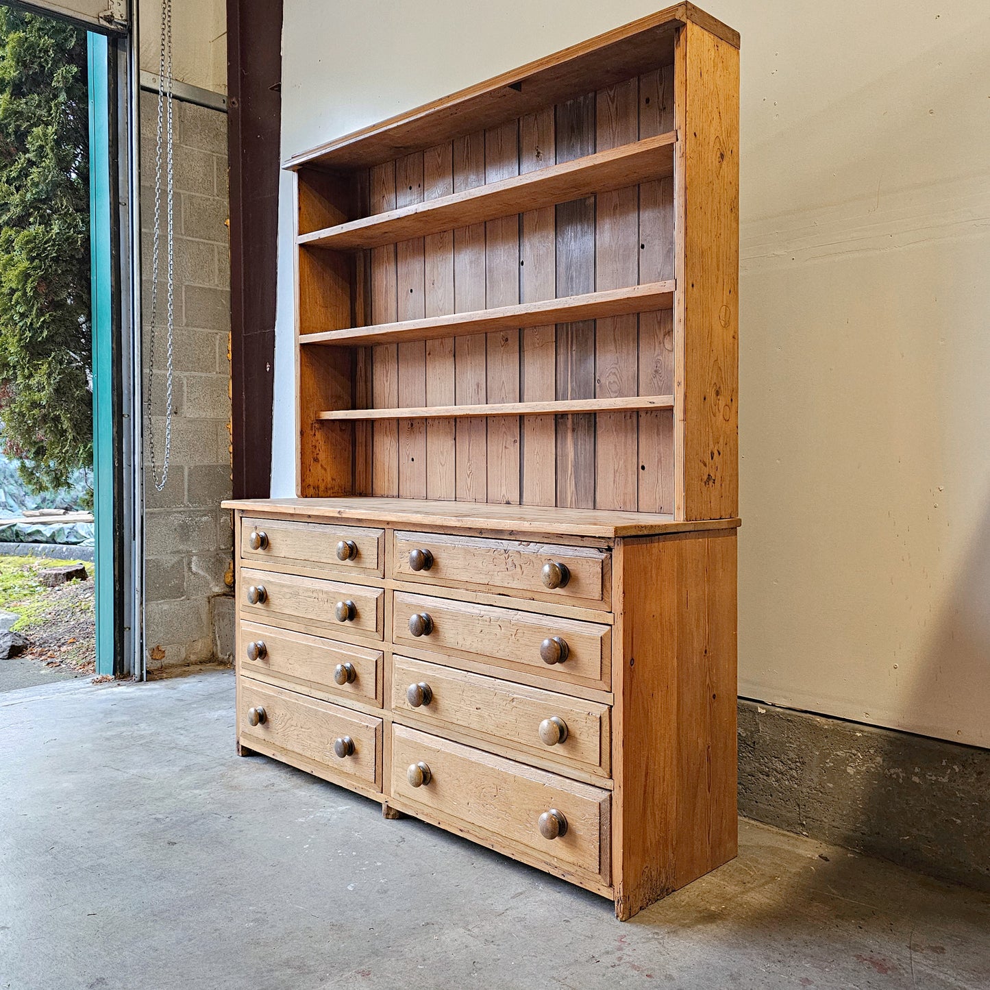 Antique English Kitchen Pine Hutch with 8 drawers base - 1890