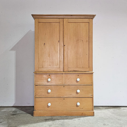 Antique English Pine Linen Press / Wardrobe - Circa 1890