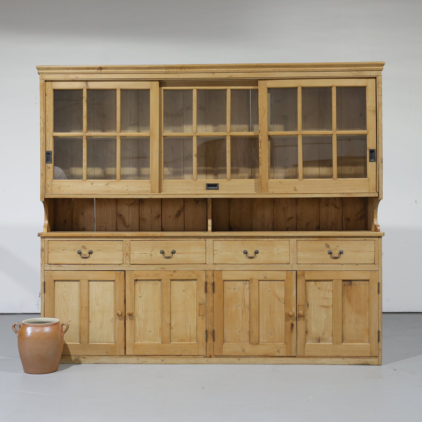 Massive Antique Pine Glazed Dresser with Sliding Doors | Circa 1880