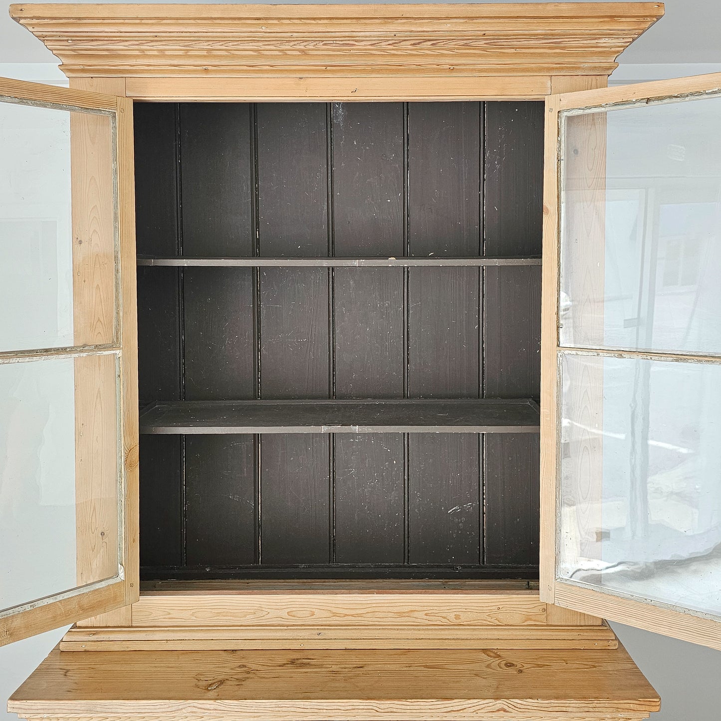 Antique English Pine Farmhouse Hutch with Glass Doors | Circa 1870