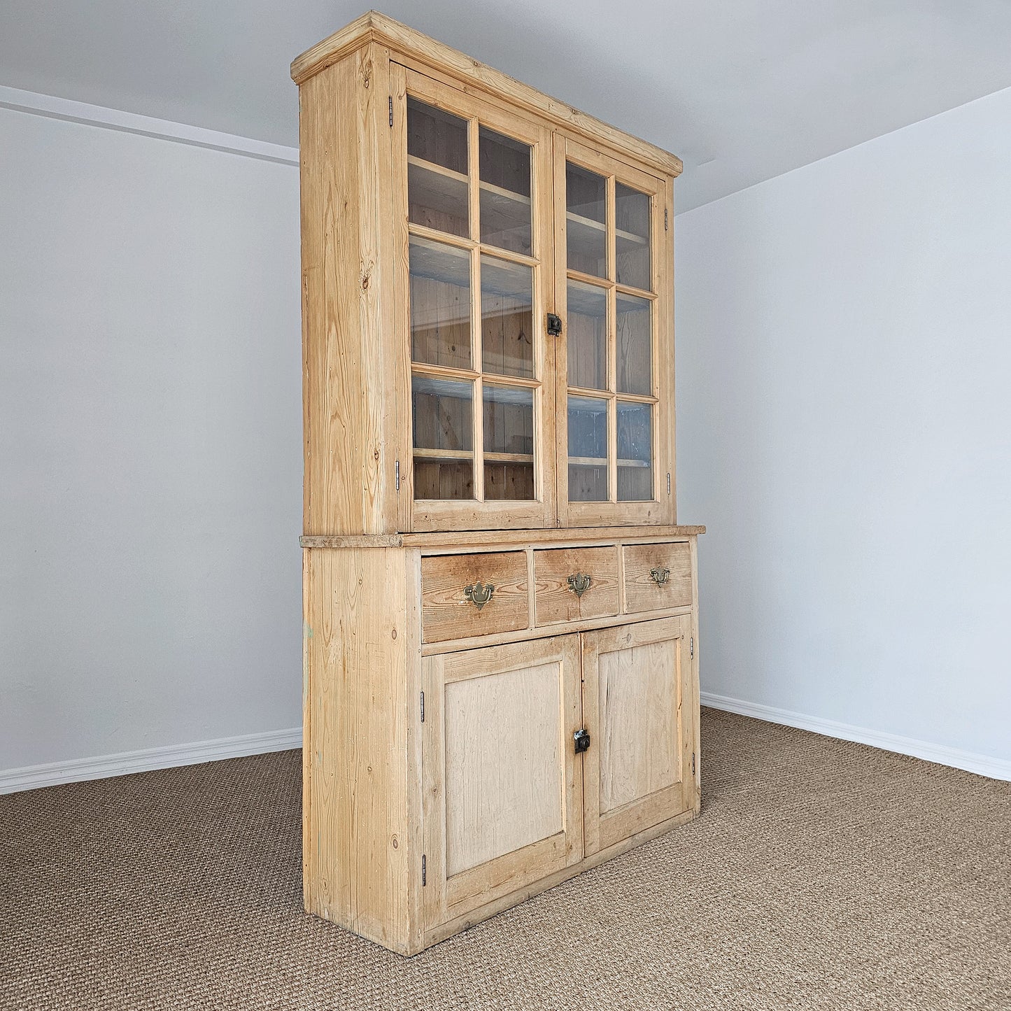 Antique English Pine Glass Door Hutch Cabinet | Circa 1880