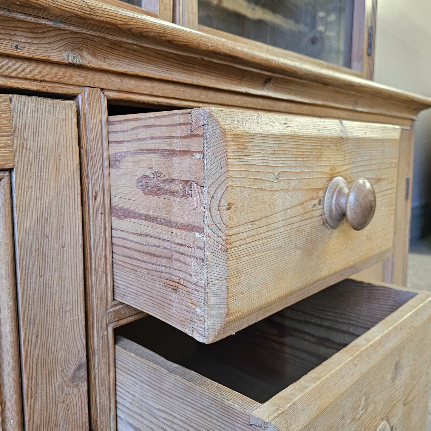 Antique Pine Glass-Front Hutch with Lower Cupboards & Drawers - Circa 1880