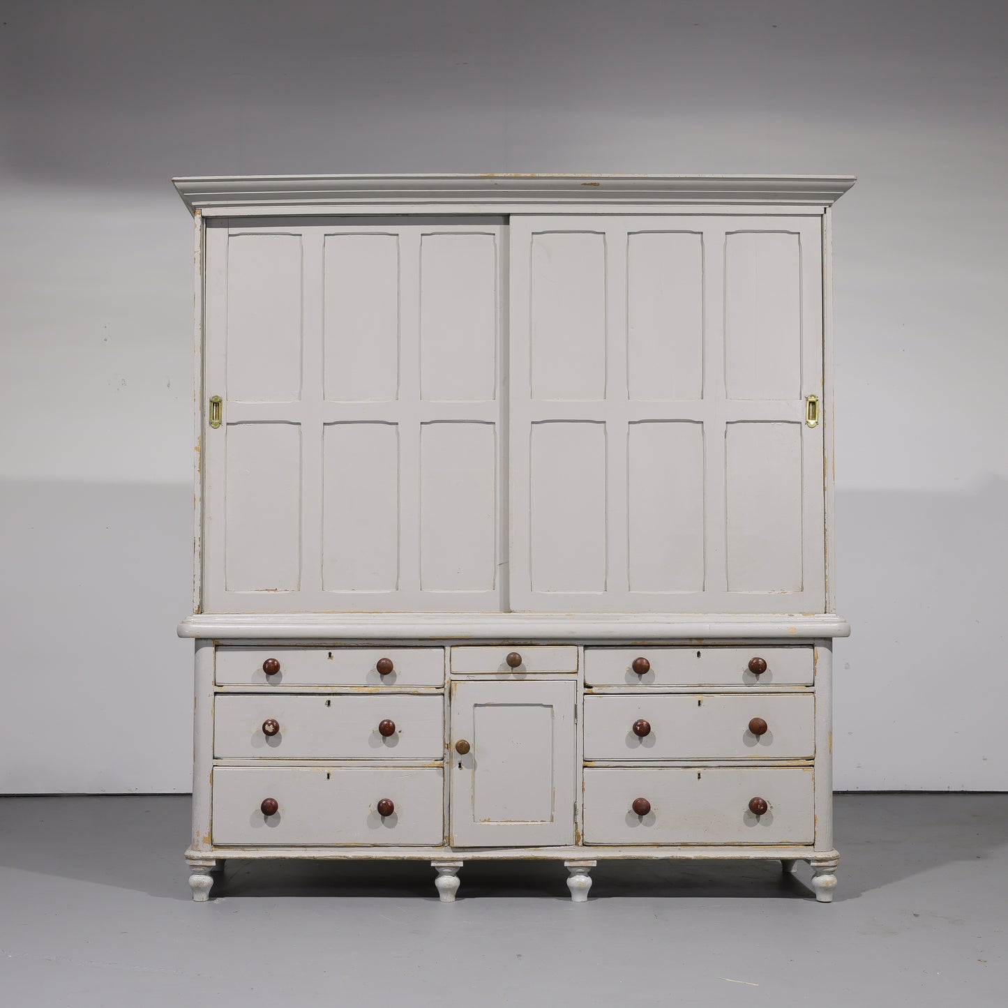 Massive Antique English Painted Pine Housekeeper’s Cupboard Sliding Doors Circa 1880