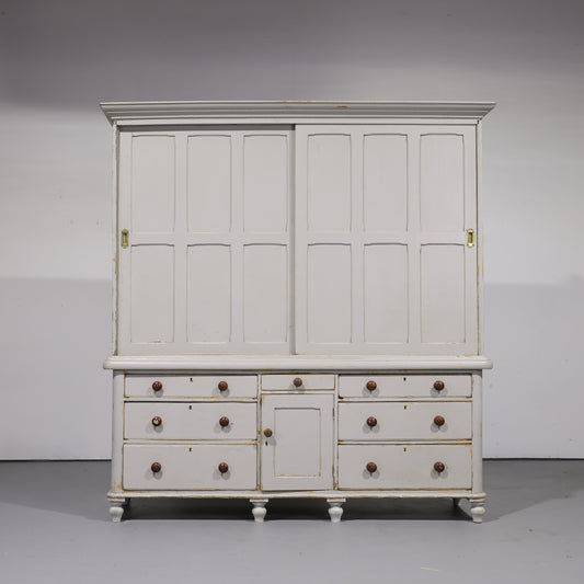 Monumental Antique English Painted Pine Housekeeper’s Cupboard Sliding Doors Circa 1880