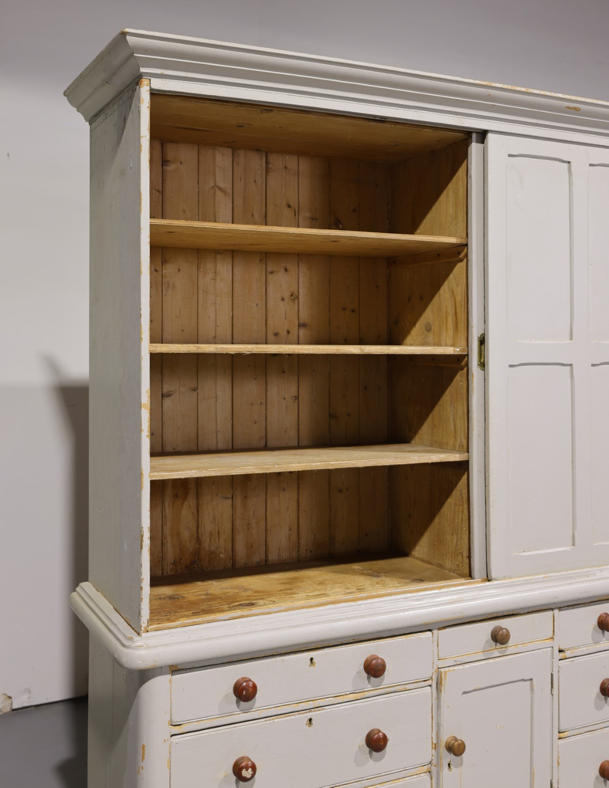 Massive Antique English Painted Pine Housekeeper’s Cupboard Sliding Doors Circa 1880