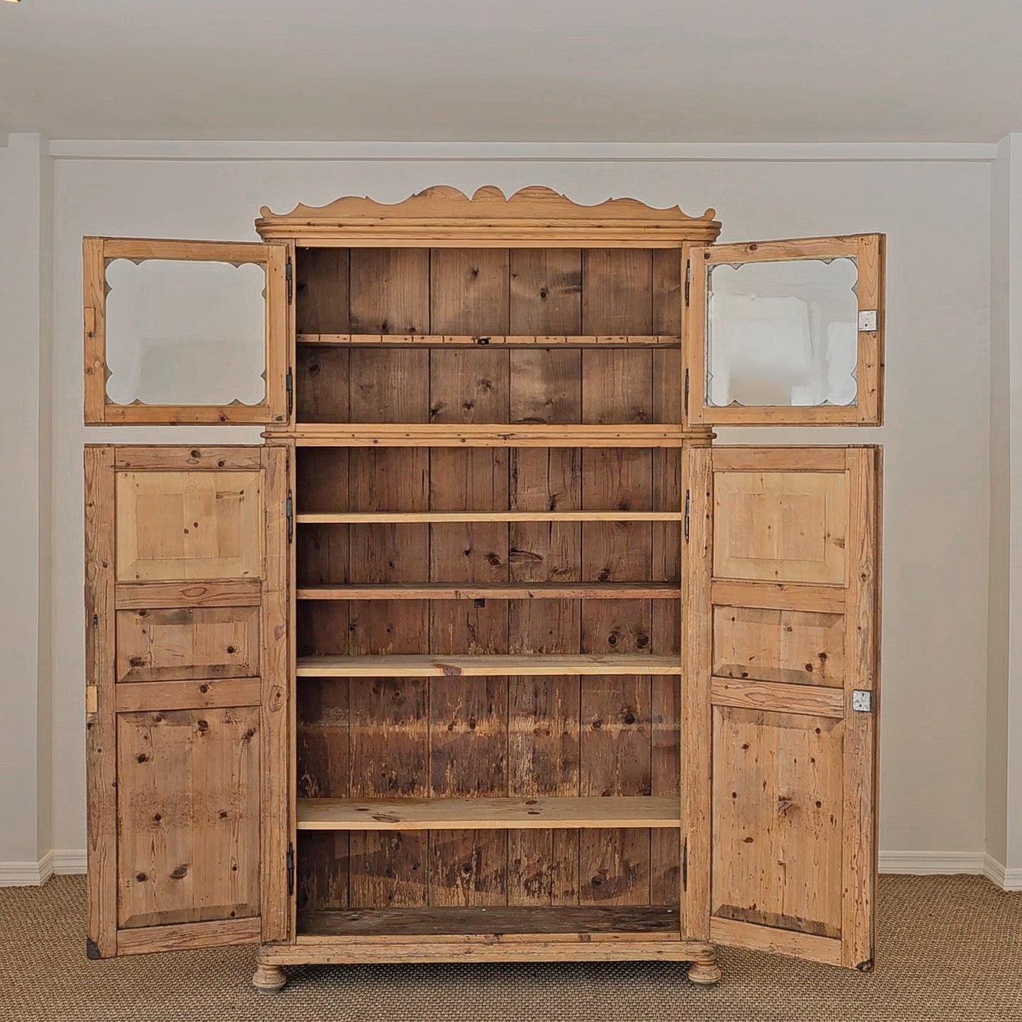 Antique Dutch Pine Kitchen Cabinet with glass doors