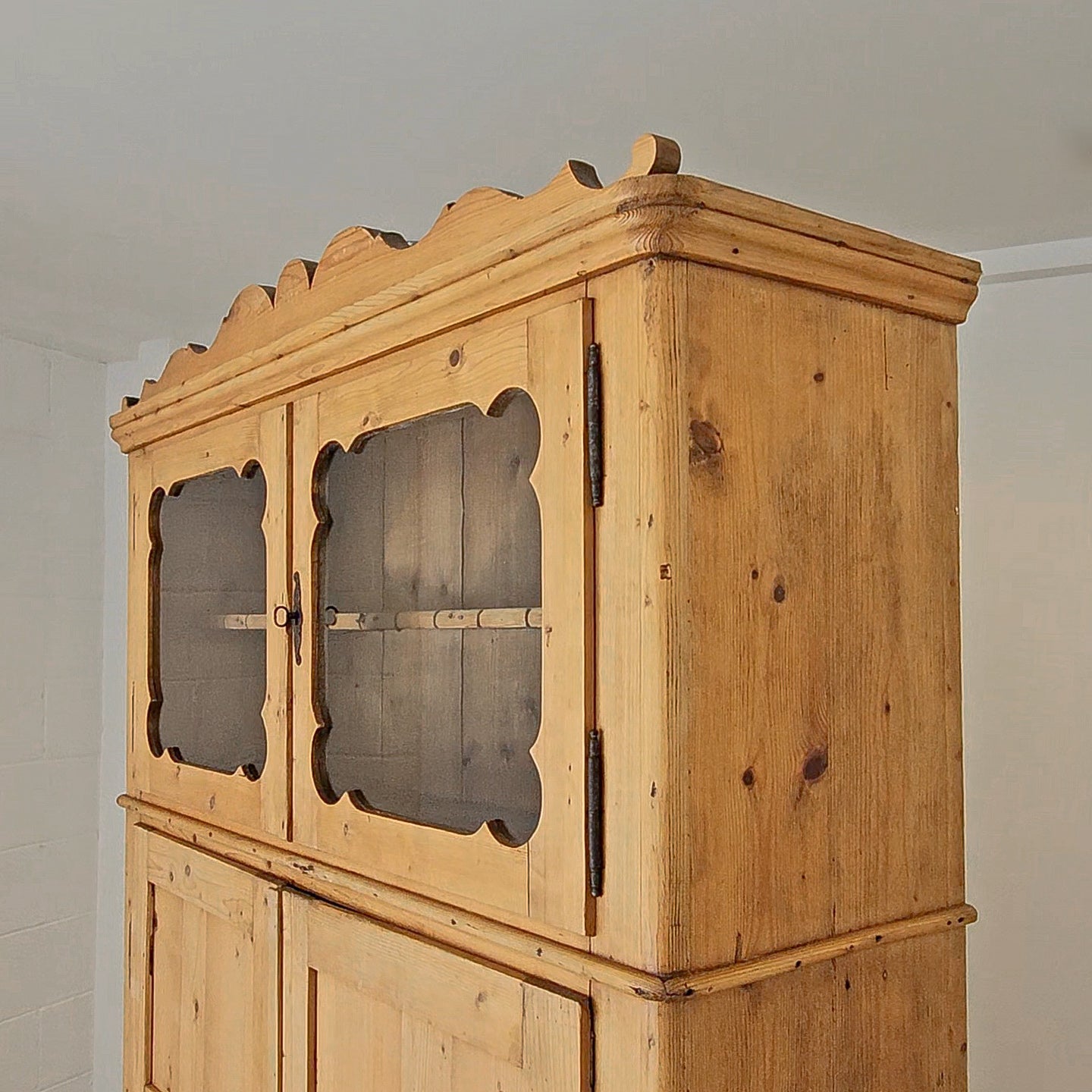 Antique Dutch Pine Kitchen Cabinet with glass doors