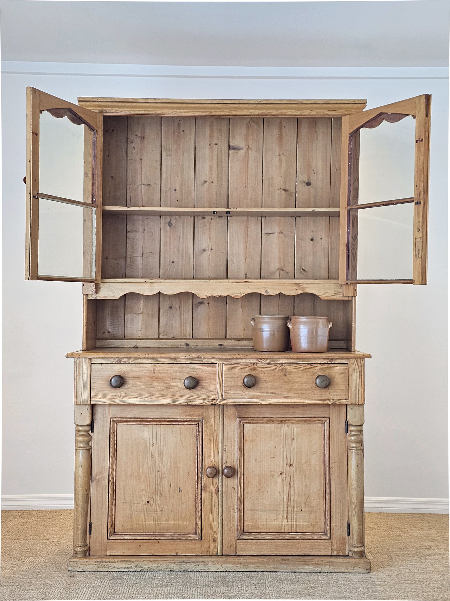 Antique English Pine Hutch with Glass Doors - Circa 1880