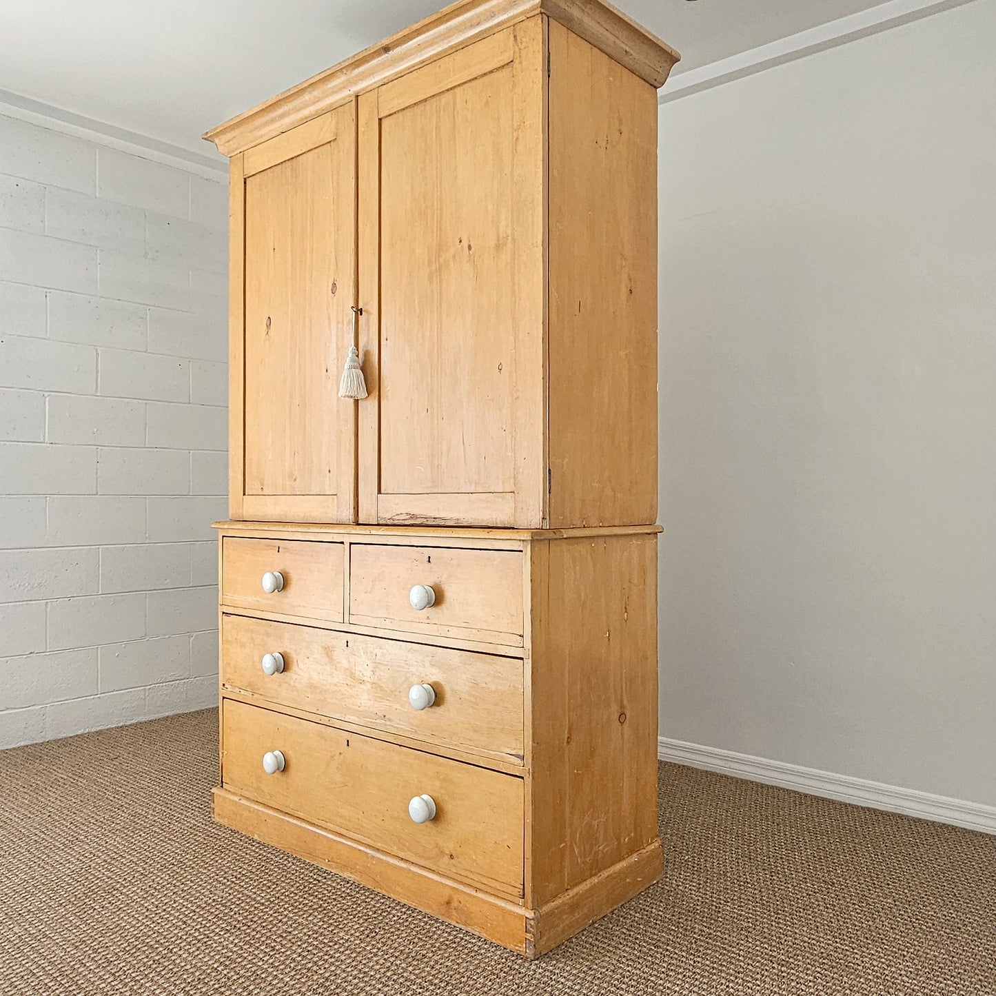 Antique English Pine Linen Press / Wardrobe - Circa 1890