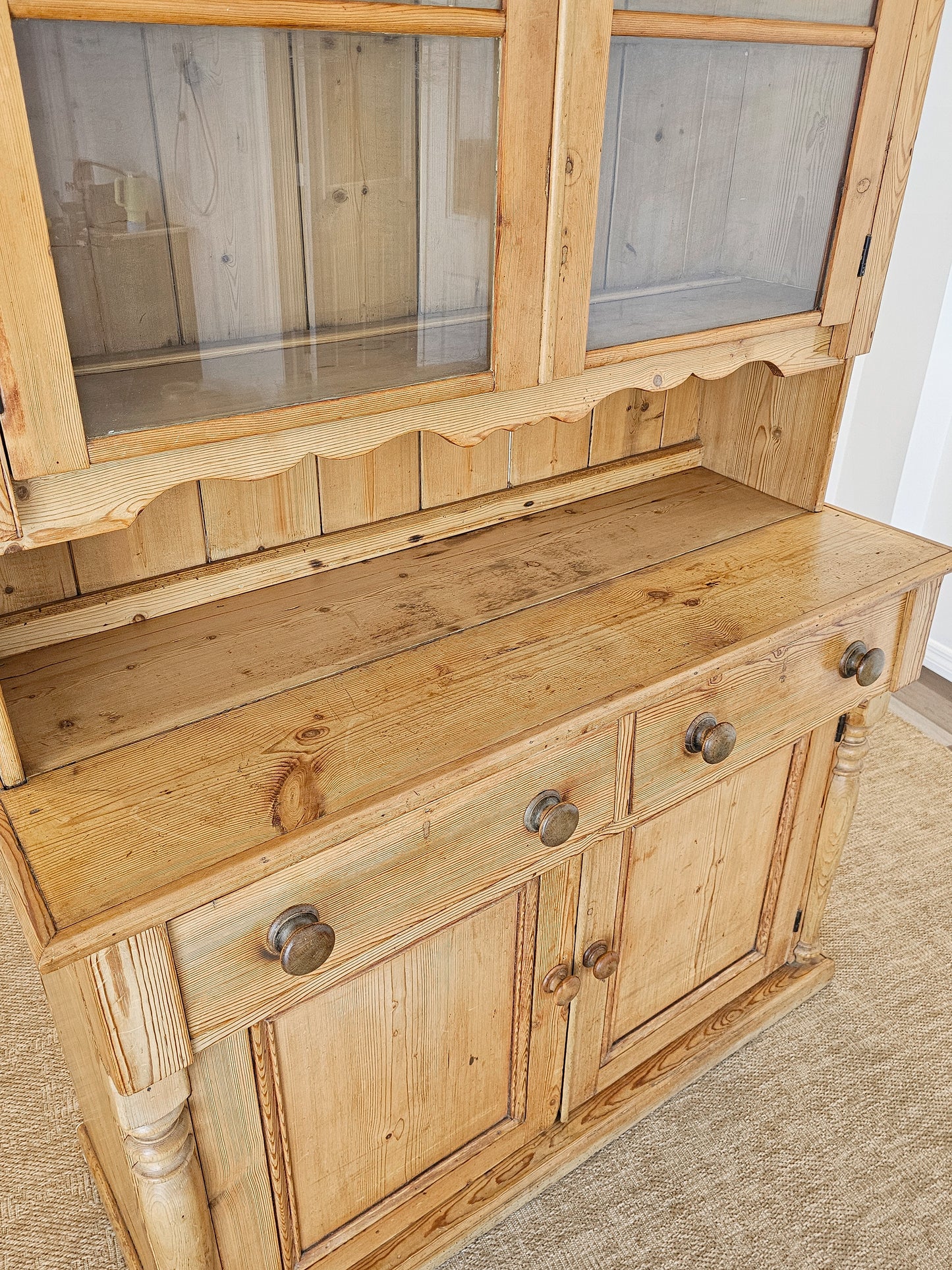 Antique English Pine Hutch with Glass Doors - Circa 1880
