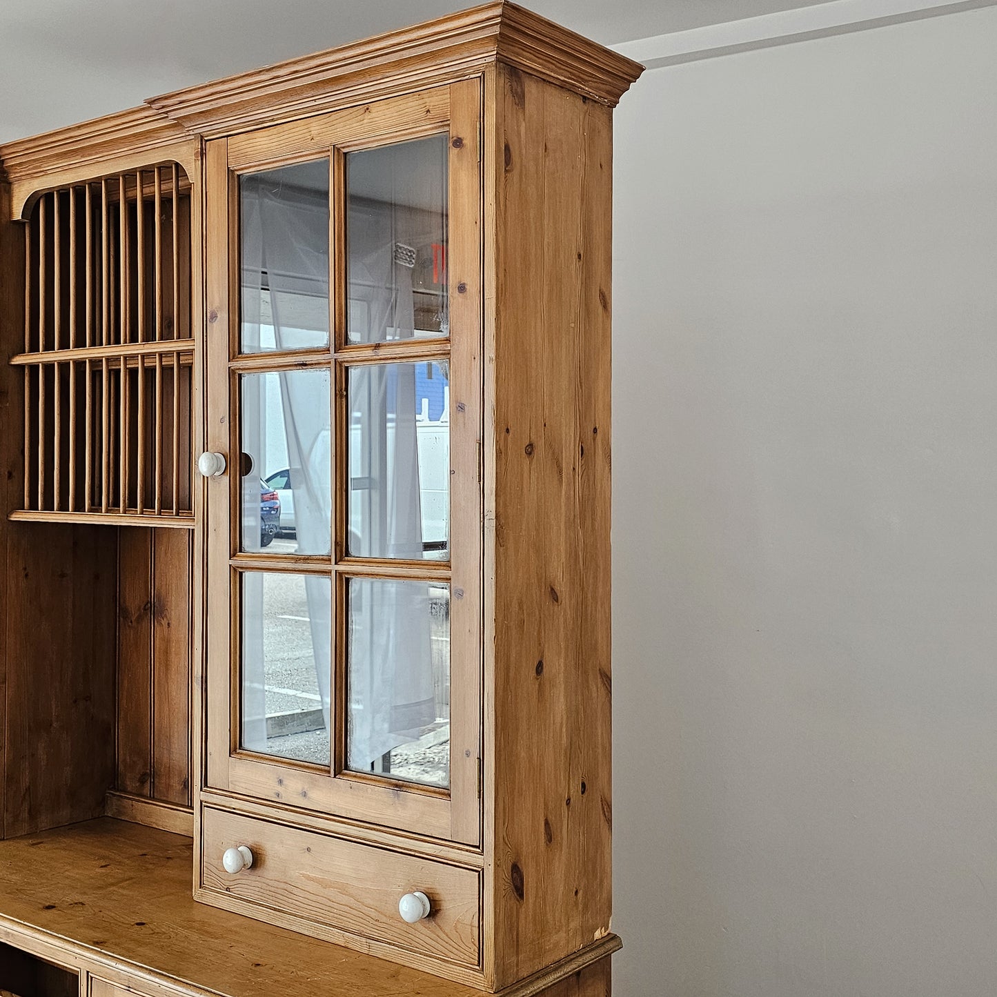 Vintage English Pine Kitchen Hutch with Plate Rack & Wine Storage