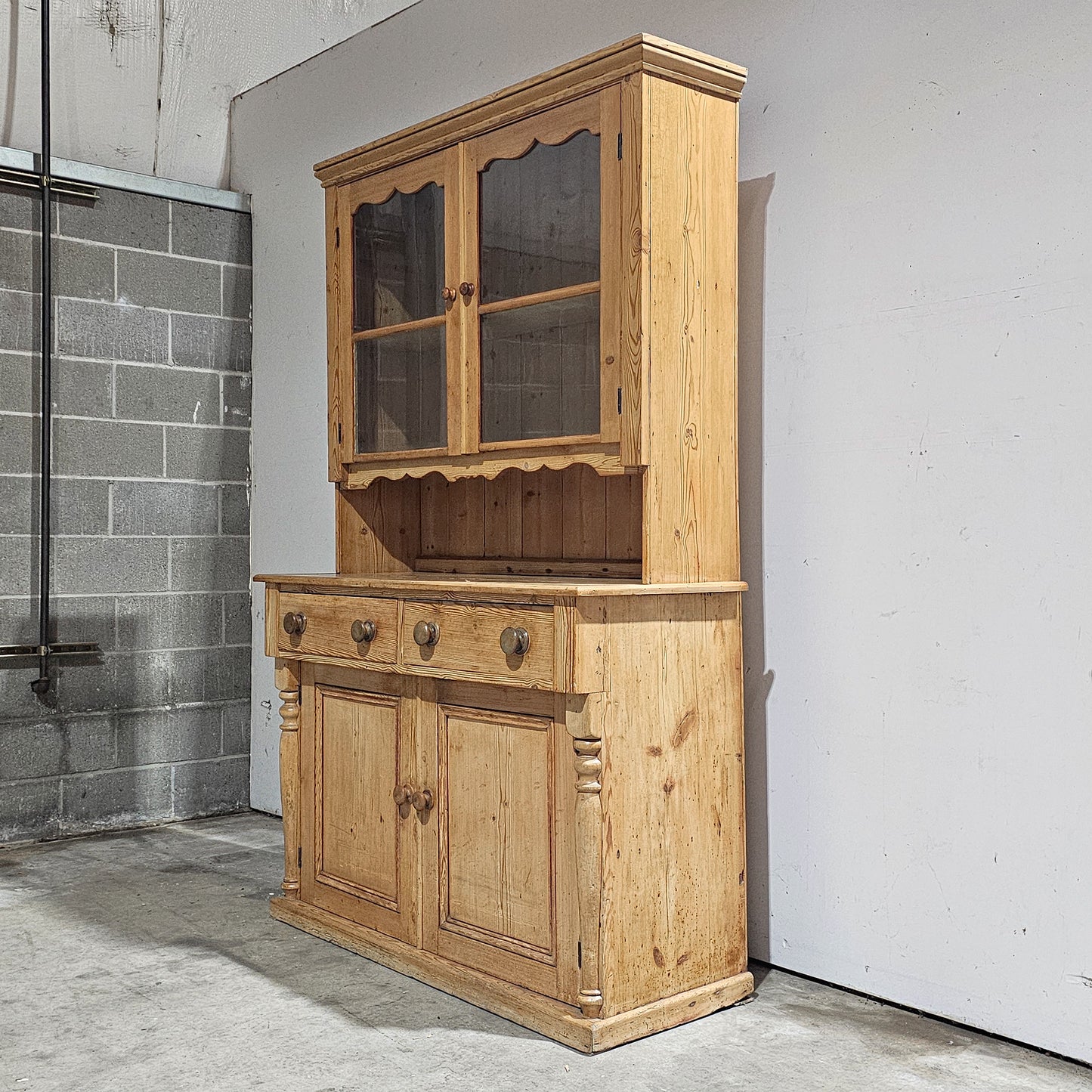 Antique English Pine Hutch with Glass Doors - Circa 1880