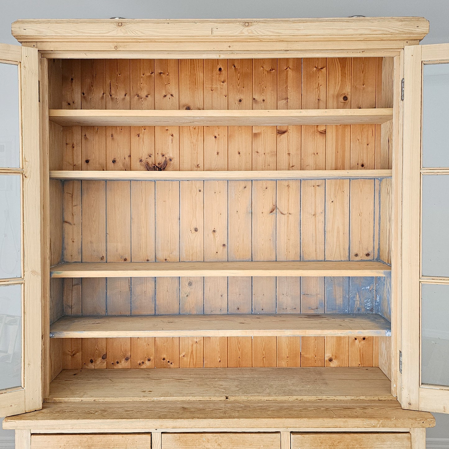 Antique English Pine Glass Door Hutch Cabinet | Circa 1880