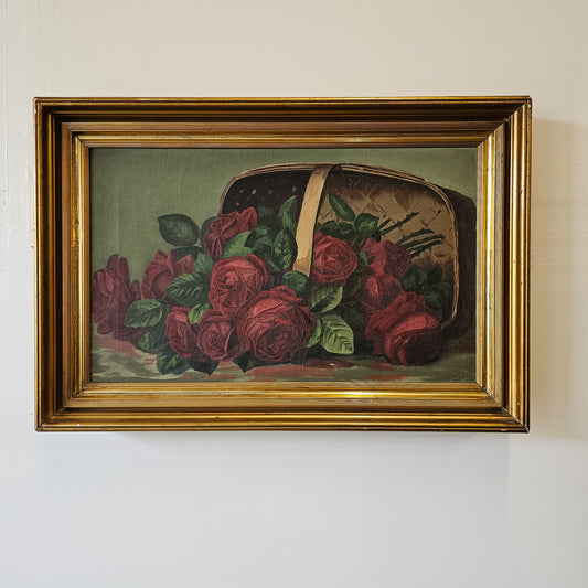 Antique Still Life Oil Painting of Red Roses in Basket | Framed Floral Wall Art