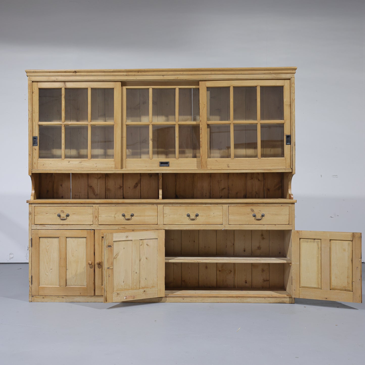 Massive Antique Pine Glazed Dresser with Sliding Doors | Circa 1880