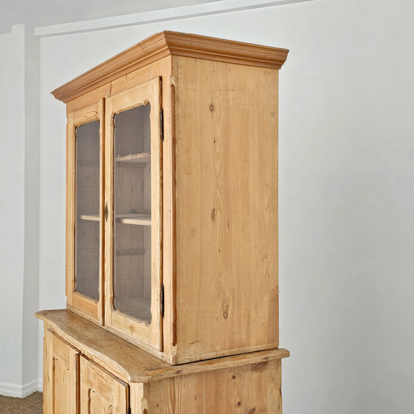 Antique Pine Glass Door Hutch Cabinet | Circa 1890