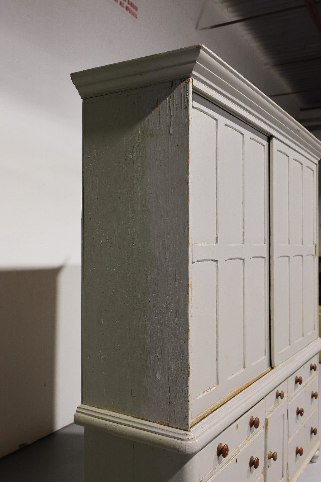 Massive Antique English Painted Pine Housekeeper’s Cupboard Sliding Doors Circa 1880