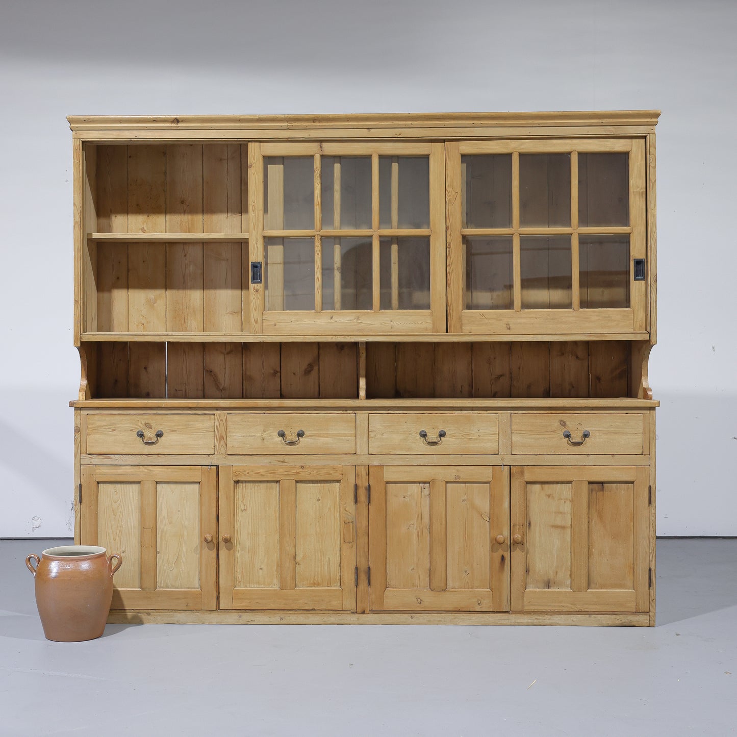 Massive Antique Pine Glazed Dresser with Sliding Doors | Circa 1880