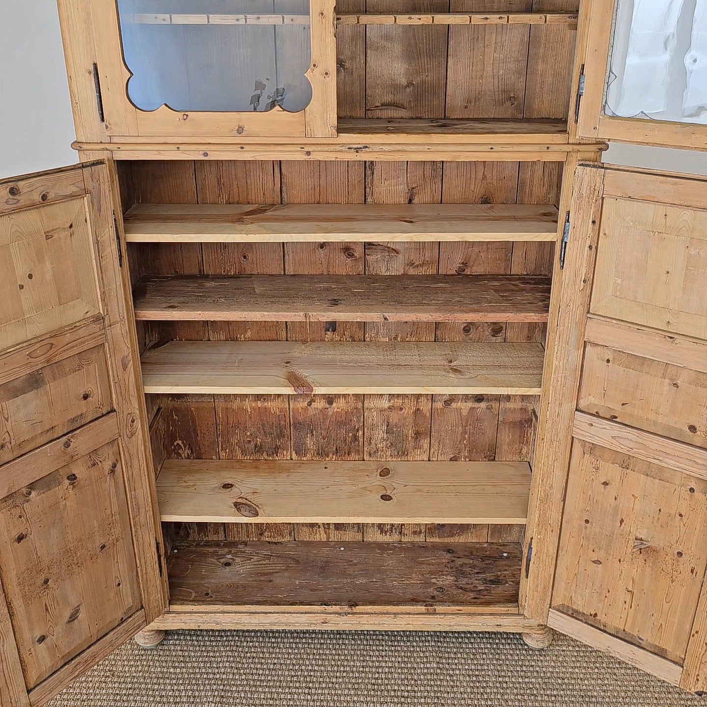 Antique Dutch Pine Kitchen Cabinet with glass doors