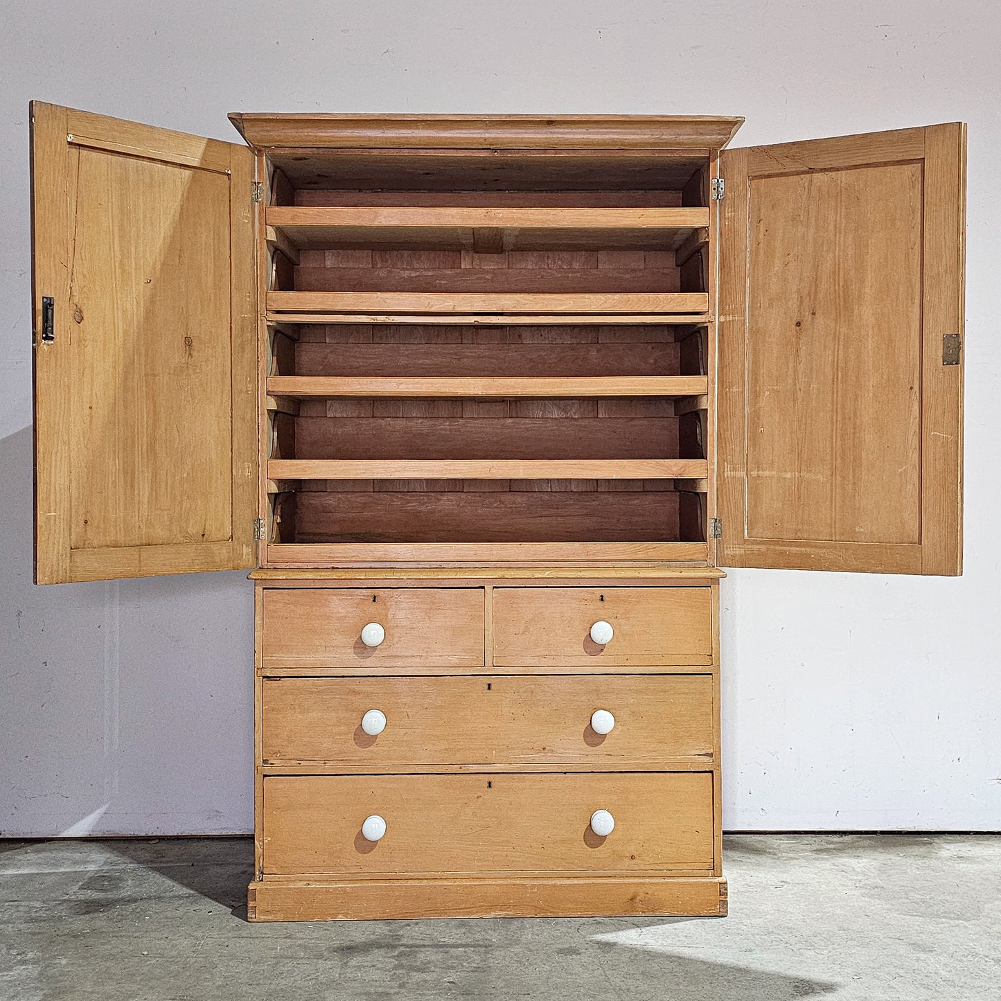 Antique English Pine Linen Press / Wardrobe - Circa 1890