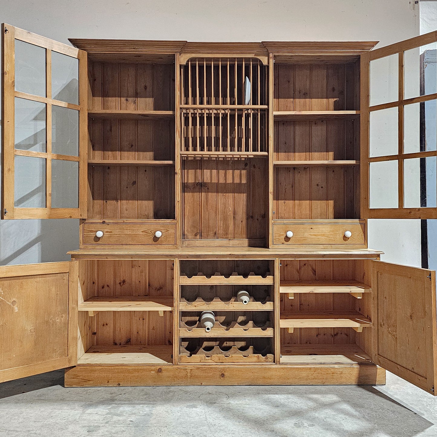 Vintage English Pine Kitchen Dresser with Plate Rack & Wine Storage