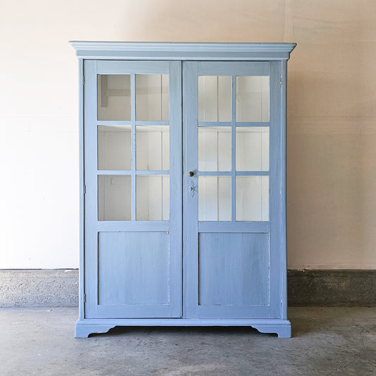 Antique Pine Display Cabinet with Distressed Blue Paint